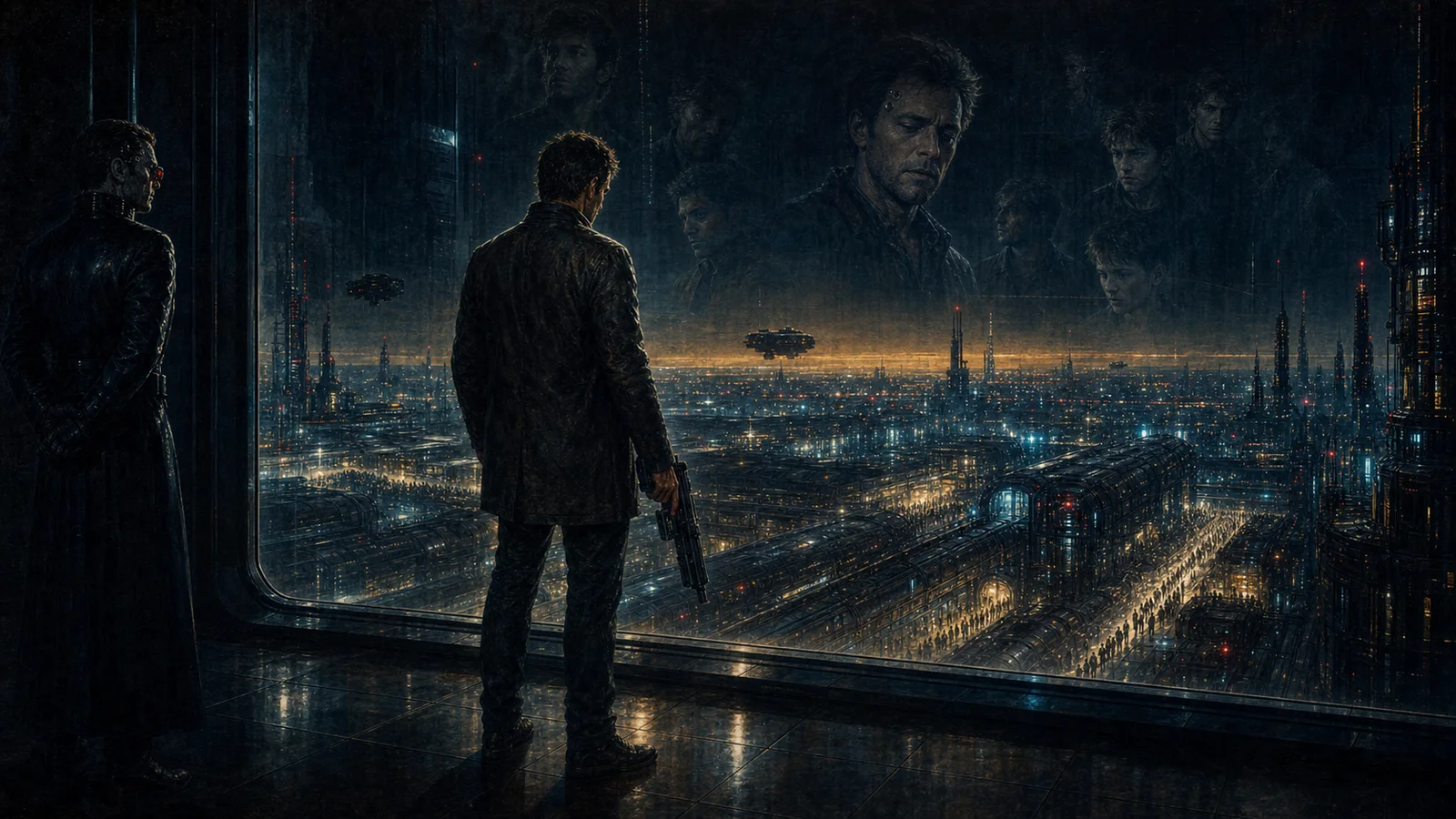 Maxwell stands above the city after his upload completes while reflections of earlier clone lives fill the glass