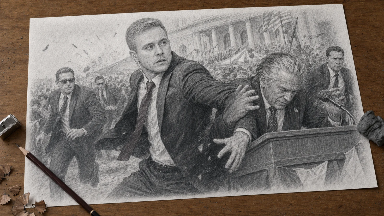 Graphite drawing on a wooden desk of the narrator shielding Senator Dickenson during a campaign shooting