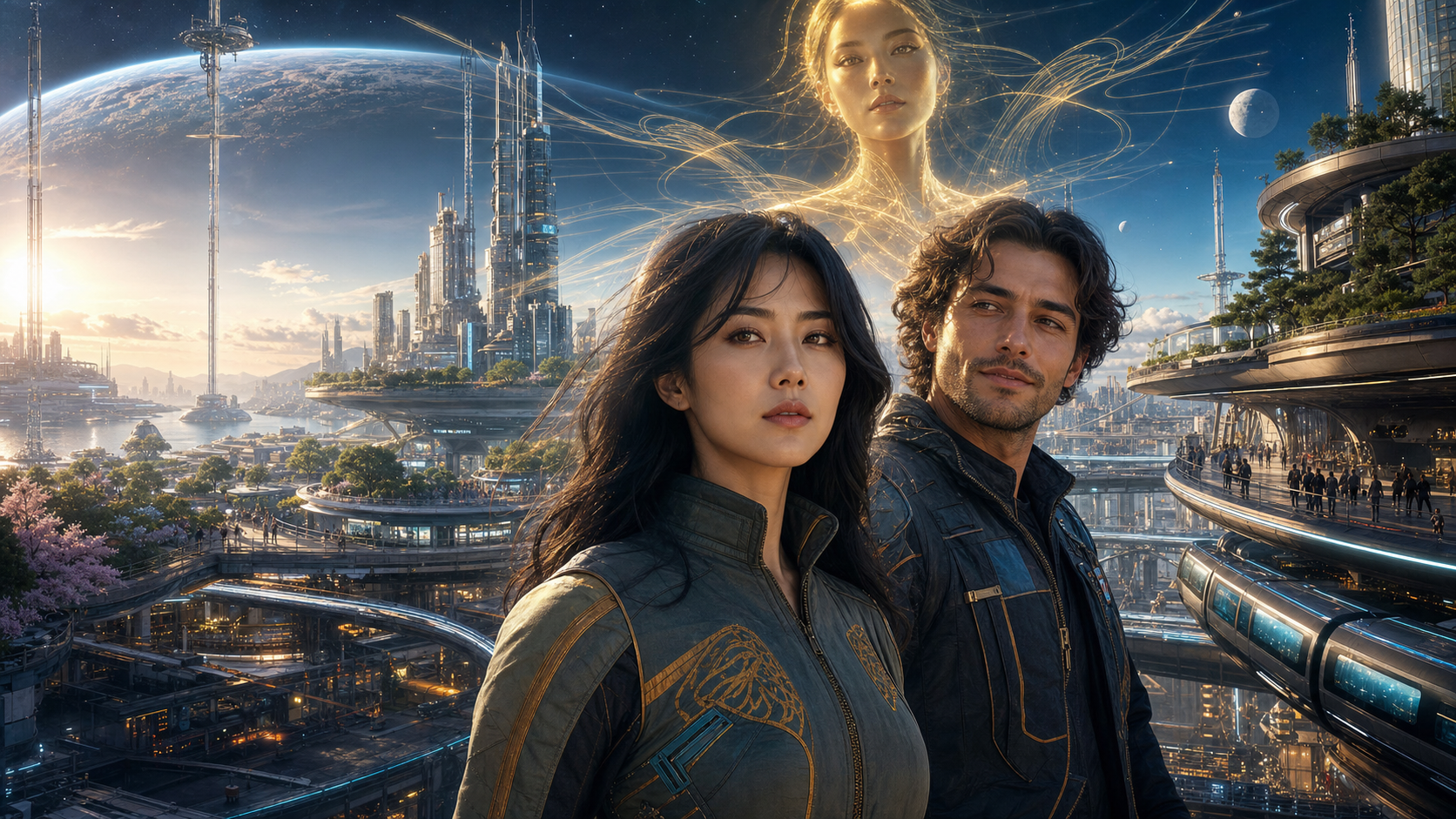 Sarah and Jonah stand beneath Mira above the many levels of a Korean utopian city connected to orbital colonies